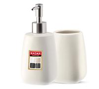 KADAX Lot de 2 accessoires de salle de bain en céramique, accessoires de salle de bain, distributeur de savon, gobelet de salle de bain, porte-savon et brosse WC (gobelet et distributeur blanc)