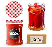 KADAX Lot de 24 bocaux en verre 500ml Ø82 Carreaux Rouges - couvercle à vis Twist-Off hermétique, pour conserves, cornichons, fermentation et mise en conserve