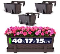 KADAX Lot de 3 jardinières 40 cm Plastique Brun - Jardinières rectangulaires Balcon - Supports de Fixation Inclus - Optimisation Espace balcons et rebords fenêtre