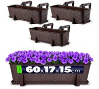 KADAX Lot de 3 jardinières 60 cm Plastique Brun - Jardinières rectangulaires Balcon - Supports de Fixation Inclus - Optimisation Espace balcons et rebords fenêtre