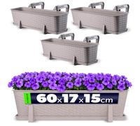 KADAX Lot de 3 jardinières 60 cm Plastique Caramel - Jardinières rectangulaires Balcon - Supports de Fixation Inclus - Optimisation Espace balcons et rebords fenêtre