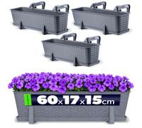 KADAX Lot de 3 jardinières 60 cm Plastique Graphite - Jardinières rectangulaires Balcon - Supports de Fixation Inclus - Optimisation Espace balcons et rebords fenêtre