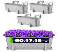 KADAX Lot de 3 jardinières 60 cm Plastique Gris Clair - Jardinières rectangulaires Balcon - Supports de Fixation Inclus - Optimisation Espace balcons et rebords fenêtre