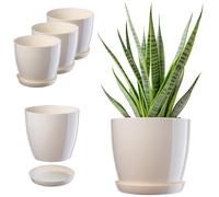 KADAX Lot de 3 Pots de Fleurs Ronds en Plastique avec Soucoupe pour Plantes et Herbes d'Intérieur (18 cm, Écru)