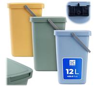 KADAX Lot de 3 poubelles 12L, poubelles en plastique avec couvercle et poignée, poubelles pour tri des déchets, collecteurs de déchets avec couvercle à clapet (Vert, Jaune, Bleu)