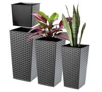 KADAX Set de pots de fleurs en rotin "Pesaro", pot de fleurs en plastique, graphite, set de 3 pots XXL