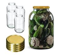 KADAX Lot de 4 Bocaux en Verre 4L avec Couvercle à Vis Ø100 mm pour Cornichons, Kombucha, Kimchi | Bocaux à Large Ouverture pour Conserves, Fermentation, Marinades (Doré)