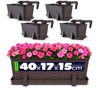 KADAX Lot de 4 jardinières 40 cm Plastique Brun - Jardinières rectangulaires Balcon - Supports de Fixation Inclus - Optimisation Espace balcons et rebords fenêtre