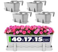 KADAX Lot de 4 jardinières 40 cm Plastique Gris Clair - Jardinières rectangulaires Balcon - Supports de Fixation Inclus - Optimisation Espace balcons et rebords fenêtre