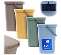 KADAX Lot de 4 poubelles de 12 L, poubelles en plastique avec couvercle et poignée, poubelles pour tri des déchets, collecteurs de déchets avec couvercle à charnière (Marron, Vert, Jaune, Bleu)