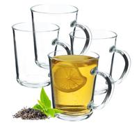 KADAX - Lot de 4 verres en verre transparent avec anse - Tasses à boire en verre avec poignée, résistantes au lave-vaisselle - Tasses à café, tasses à thé, verres à eau, verres en verre pour boissons