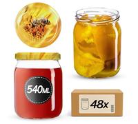 KADAX Lot de 48 bocaux en verre 540ml Ø82 - Couvercle Twist-Off hermétique TO82 - Pour confitures, conserves, cornichons, miel & fermentation