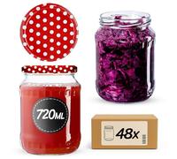 KADAX Lot de 48 Grands bocaux en Verre 720ml Ø82 à Pois Rouges - Couvercle Twist-Off hermétique TO82 - pour conserves, cornichons, légumes fermentés & confitures Maison