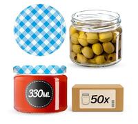 KADAX Lot de 50 bocaux en verre 330ml Ø82 à pois rouges - Couvercle Twist-Off hermétique TO82 - Pour confitures, conserves, cornichons, miel & fermentation