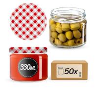 KADAX Lot de 50 bocaux en verre 330ml Ø82 à pois rouges - Couvercle Twist-Off hermétique TO82 - Pour confitures, conserves, cornichons, miel & fermentation
