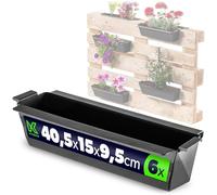 KADAX Lot de 6 jardinières pour palettes européennes, 37 x 9 cm, noir, jardinières avec système de suspension, jardinière de balcon et insert de pot de fleurs pour jardins en palettes et décoration