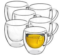 KADAX Lot de 6 tasses à café à double paroi de 250 ml - Tasses en verre avec anse pour café, thé, cappuccino, latte macchiato et expresso, résistantes à la chaleur et élégantes