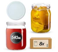 KADAX Lot de 8 bocaux en verre 540ml Ø82 - Couvercle Twist-Off hermétique TO82 - Pour confitures, conserves, cornichons, miel & fermentation