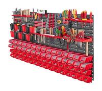 KADAX Lot de 97 Étagère murale à outils, 156 x 78 cm, étagère murale d'atelier pour garage, kit mural à outils, système de stockage avec bacs de stockage à vue, plaques murales extensibles (rouge)