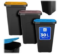 KADAX Lot de poubelles pour la collecte des déchets, 3 x 30 L, lot de poubelles pour système de collecte sélective, poubelle en plastique avec couvercle basculant (3, marron, jaune et bleu)