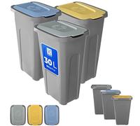KADAX Lot de poubelles pour la collecte des déchets, 3 x 30 L, lot de poubelles pour système de tri sélectif, poubelle en plastique avec couvercle basculant (jaune, vert, bleu)
