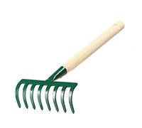 KADAX Petit râteau manuel en métal avec manche court en bois pour le jardinage, râteau de jardin durable pour ameublir le sol et enlever les mauvaises herbes (vert, 8 dents)