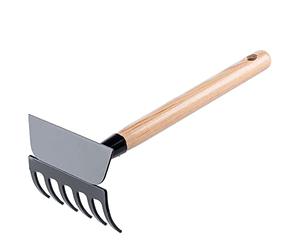 KADAX Petite Serfouette en métal à manche court double pioche robuste pour désherber les mauvaises herbes (6 dents, forme trapézoïdale)