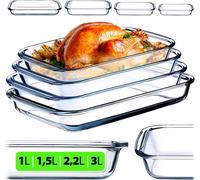 KADAX plat à four rectangulaire 1 + 1,5 + 2,2 + 3L en verre résistant à la chaleur, plats à gaz résistant au lave-vaisselle, vaisselle pour rôtir, plat à four en verre pour lasagnes, gâteaux, set de 4