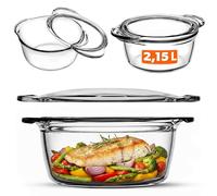 KADAX Plat à Gratin en Verre Résistant à la Chaleur avec Couvercle et Poignées, Cocotte Transparente Idéale pour la Cuisson au Four (Rond, 2.15L)
