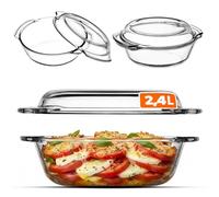 KADAX Plat à Gratin en Verre Résistant à la Chaleur avec Couvercle et Poignées, Cocotte Transparente Idéale pour la Cuisson au Four (Rond, 2.4L)