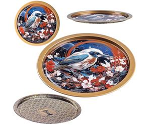 KADAX Plateau de service, en métal, 32,5 cm de diamètre, rond, avec bord surélevé et design élégant, assiette décorative ronde, plateau en métal (oiseau)