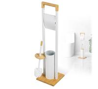 KADAX Porte-papier toilette avec brosse WC intégrée, support de papier toilette debout avec brosse pour salle de bain, garniture WC en acier et bambou (Blanc)