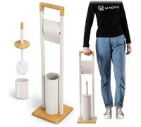 KADAX Porte-papier toilette avec brosse WC intégrée, support de papier toilette debout avec brosse pour salle de bain, ensemble WC en acier et bambou (Beige)