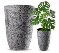 KADAX Pot de fleurs diamètre 35 cm x hauteur 50 cm, grand pot de fleurs, aspect pierre réaliste, en plastique, résistant aux intempéries, pour terrasse (gris)