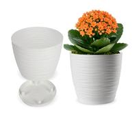 KADAX Pot de Fleurs en Plastique avec Soucoupe, Cache-Pot Moderne Ornée d'un Élégant Motif Ondulé pour Une Décoration Florale (Ronde, Blanc, 15 cm)