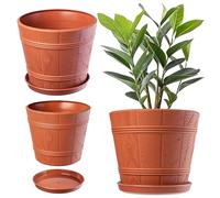KADAX Pot de Fleurs en Plastique avec Soucoupe pour Intérieur et Extérieur, Catche-Pot Imitant l'aspect du Bois, Conçu en Forme de Tonneau (Terre Cuite, 19 cm)