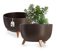 KADAX Pot de Fleurs en Plastique avec Trois Supports à piquer, jardinière Ronde, bac à Plantes, pour Balcon, Salon (40 cm Ø/Marron)