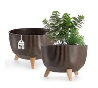KADAX Pot de Fleurs en Plastique avec Trois Supports à piquer, jardinière Ronde, bac à Plantes, pour Balcon, Salon (29 cm Ø/Marron)