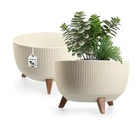 KADAX Pot de Fleurs en Plastique avec Trois Supports à piquer, jardinière Ronde, bac à Plantes, pour Balcon, Salon (40 cm Ø/Crème)