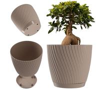 KADAX Pot de plantes rond, pot à fleurs en plastique avec soucoupe pour plantes d'intérieur, pot intemporel avec surface décorative pour utilisation intérieure et extérieure (22 cm, Taupe)