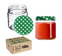 KADAX Pots à conserves avec couvercle "Lerma", Pots à conserves, 200 ml, 100 pièces, couvercle avec motif à carreaux vert