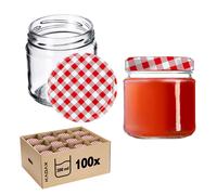 KADAX Pots à conserves avec couvercle "Lerma", Pots à conserves, 200 ml, 100 pièces, couvercle avec motif à carreaux rouge