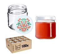 KADAX Pots à conserves avec couvercle "Lerma", Pots à conserves, 200 ml, 100 pièces, Couvercle avec motif folklorique