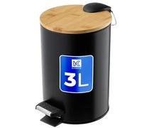 KADAX Poubelle de salle de bain, 3 l, 5 couleurs, petit récipient amovible, avec couvercle en bambou, pour salle de bain et WC (noir)