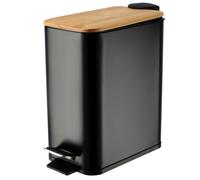 KADAX Poubelle de Salle de Bain en Acier avec Couvercle en Bambou, Pédale et Seau Interne Amovible, Petite Poubelle Pratique et Hygiénique (5L, Noir)