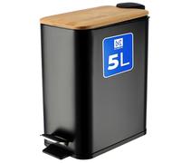 KADAX Poubelle de Salle de Bain en Acier avec Couvercle en Bambou, Pédale et Seau Interne Amovible, Petite Poubelle Pratique et Hygiénique (5L, Noir)