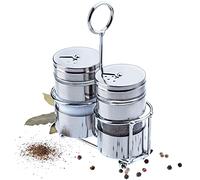 KADAX salière et poivrière, Set de 2 pots à épices en verre et acier inoxydable, Salière avec support, set de table avec poignée de transport (3 pièces)