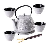 KADAX Service à thé japonais 1,1 L avec 4 tasses à thé pour thé en vrac, service à thé japonais en fonte, théière en fonte avec infuseur à thé, couvercle, poignée et sous-tasse (Gris)