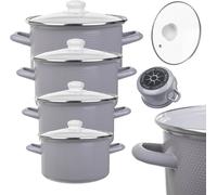 KADAX Set de 4 casseroles en émail, Casseroles en émail avec couvercles transparents, Set de 4 casseroles, Casseroles avec poignées, Casseroles en style vintage ou moderne
