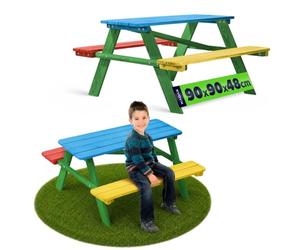 KADAX Table de pique-nique pour enfant avec bancs, meubles pour enfants pour pique-nique, table d'enfant en bois, ensemble de pique-nique pour jardin, ensemble de sièges pour enfants (multicolore)